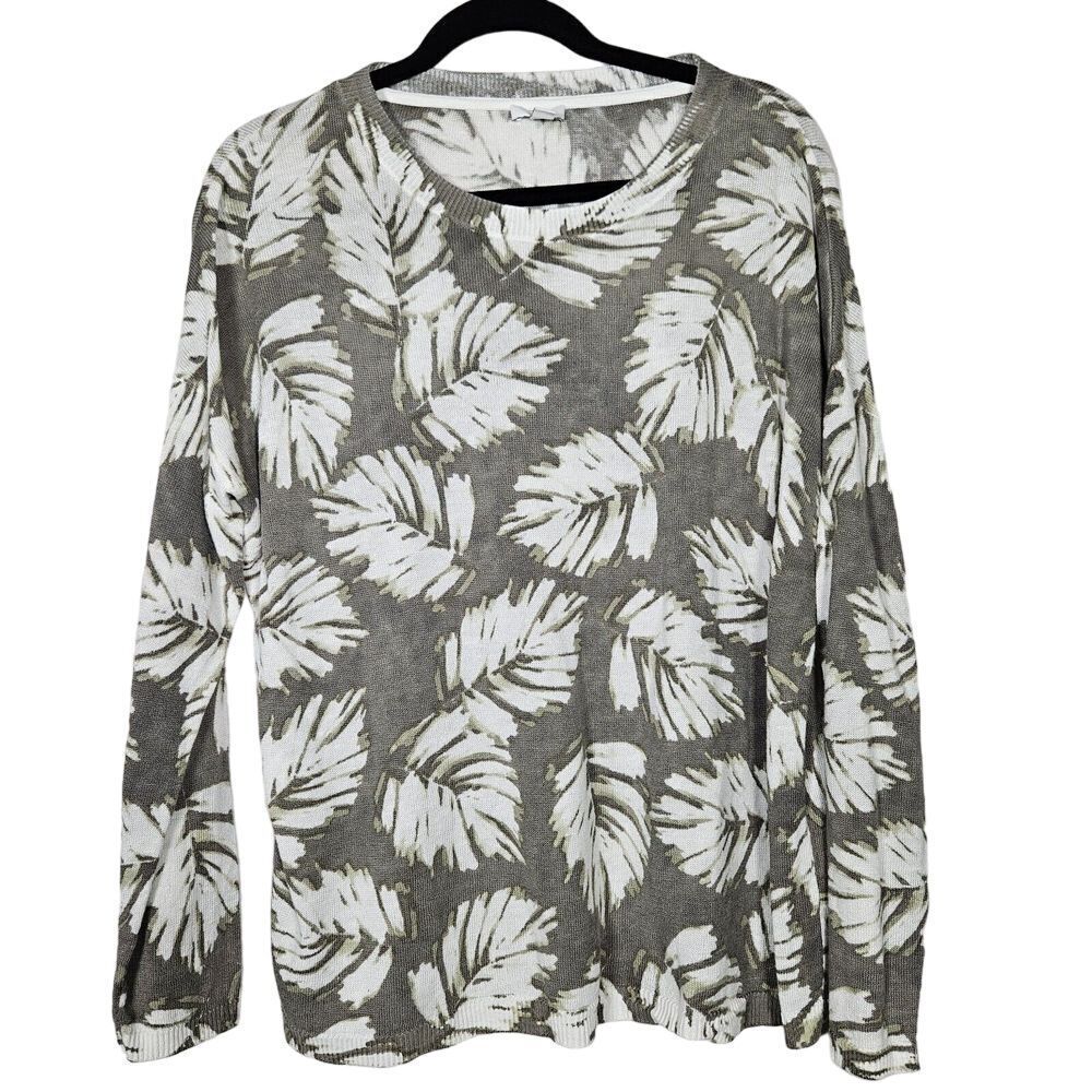 J Jill Sweater Women M Green Linen Blend Palm Leaf Print Long Sleeve Lightweight